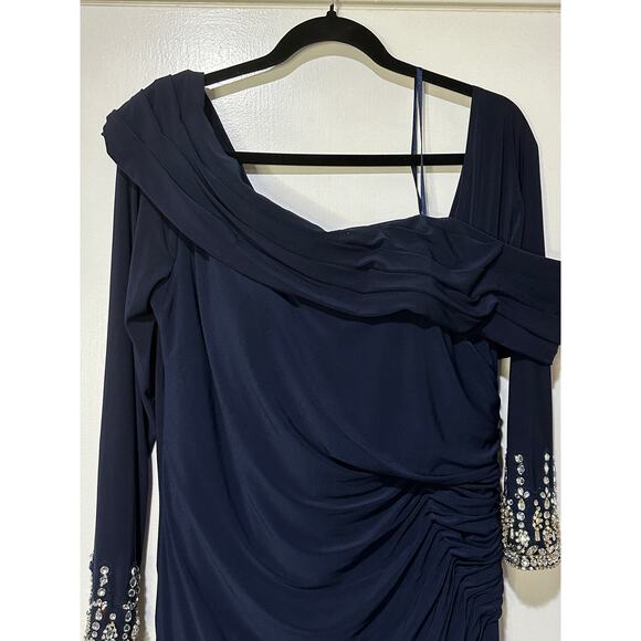 Mac Duggal Beaded Cuff Drop Shoulder Faux Wrap Long Navy Gown Size 14 NWT #12231 - Picture 3 of 15